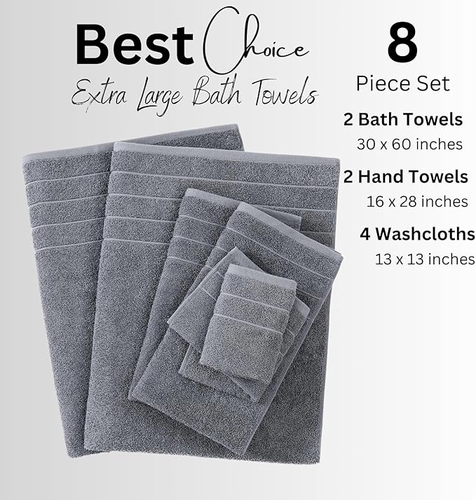 Casa Platino 100% Cotton Luxury Bathroom Towel Set - 8 Pc - Ring Spun, Quick Dry, Soft & Highly Absorbent - 2 Bath, 4 Washcloths, 2 Hand Towels - Remains Plush After Multiple Washes - Cool Grey
