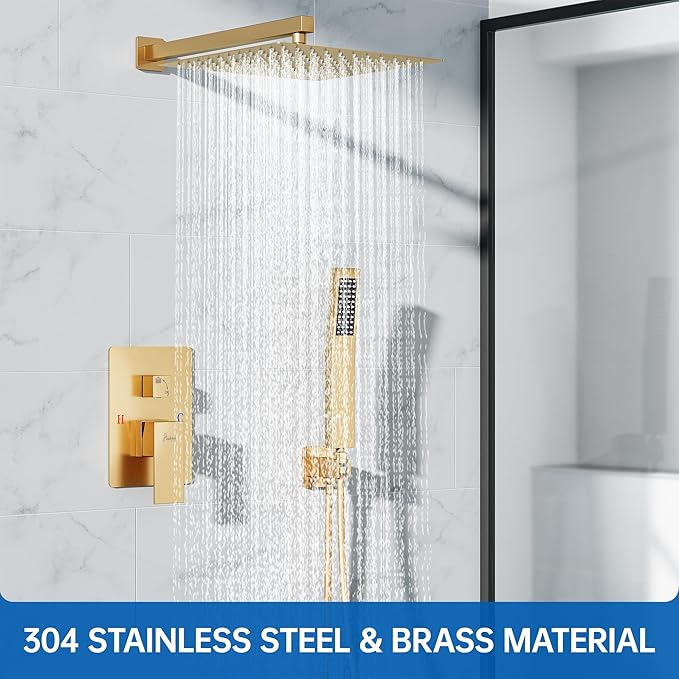 12 Inch Luxury Rain Shower Faucet Set, Brushed Gold Shower System with Rainfall Shower Head and Handheld Spray, SUS304 Stainless Steel and Solid Brass Wall Mounted Shower Valve Trim Kit