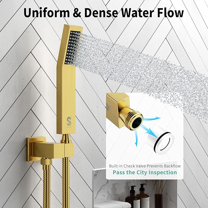SR SUN RISE 12 Inch Ceiling Mounted Shower System Rain Mixer Shower Combo Set Rainfall Shower Head System Brushed Gold Shower Faucet Trim Repair Kits with Shower Rough-in Valve Body and Trim