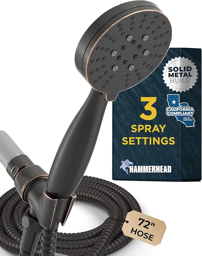 HammerHead Showers® Solid METAL 3-Spray Handheld Shower Head with Long Hose and Holder OIL RUBBED BRONZE - WIDE MASSAGE and MIST Sprays - 1.8 GPM Low Flow Handheld Showerhead -Water Saving Shower Head