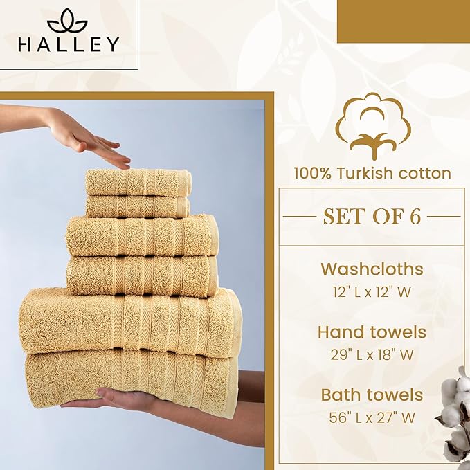 HALLEY Turkish Towels Set (6 Pieces) 650 GSM Highly Absorbent Super Soft 100% Cotton - 2 Bath Towels, 2 Hand Towels 2 Washcloths (Yellow)