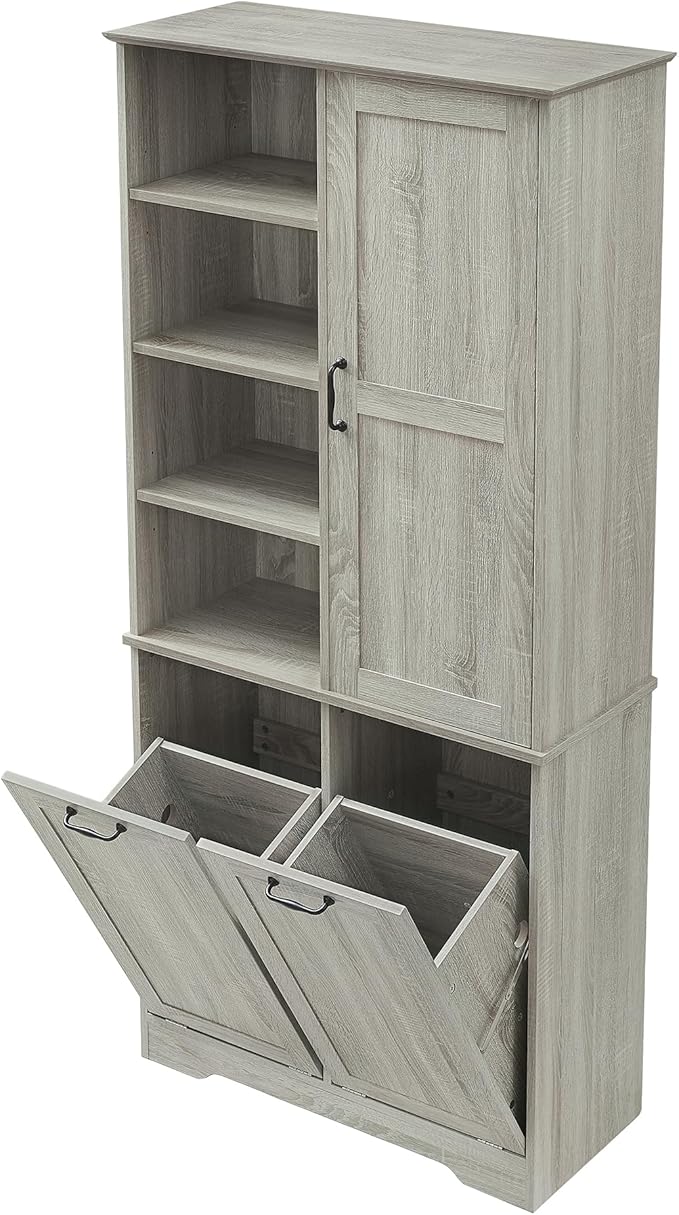 Favfurish 68" Tall Bathroom Storage Cabinet with Door and 2 Tilt-Out Laundry Hampers,Modern Linen Cabinets w/Open Shelf & Adjustable Shelves,Freestanding Organizer for Laundry Room,Kitchen,Oak