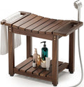 BLUEWEST Shower Bench Seat with Storage Shelf, Natural Wood Shower Benches for Inside Shower to Sit on, Waterproof Bathroom Spa Bench Stool for Legs Shaving with Built-in Handle & Shower Head Holder