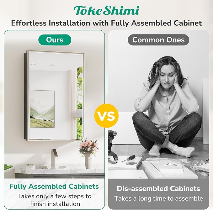 TokeShimi 12x36 Recessed Medicine Cabinet with Mirror Surface Mount, Bathroom Beveled Mirror with Storage Adjustable, Aluminum Framed Metal Brushed Nickel Medicine Cabinet Mirrored