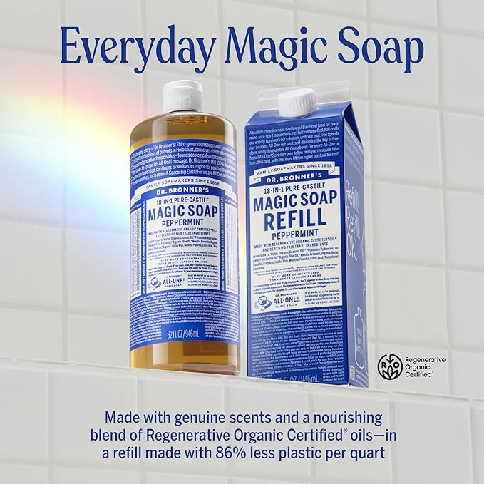 Dr. Bronner's Pure-Castile Liquid Magic Soap Bottle & Refill Carton - Made with Regenerative Organic Certified Oils- 18-in-1 Uses for Face, Body Wash, Hand Soap Refill- Peppermint, 32oz