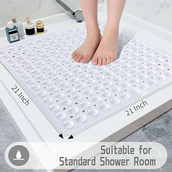 Yimobra Shower Stall Mat Non Slip, 21x21 Inch, Soft Square Bath Mat for Shower with Suction Cups and Drain Holes, Stall Floor Mats for Bathroom, Machine Washable, Bathroom Accessories, White