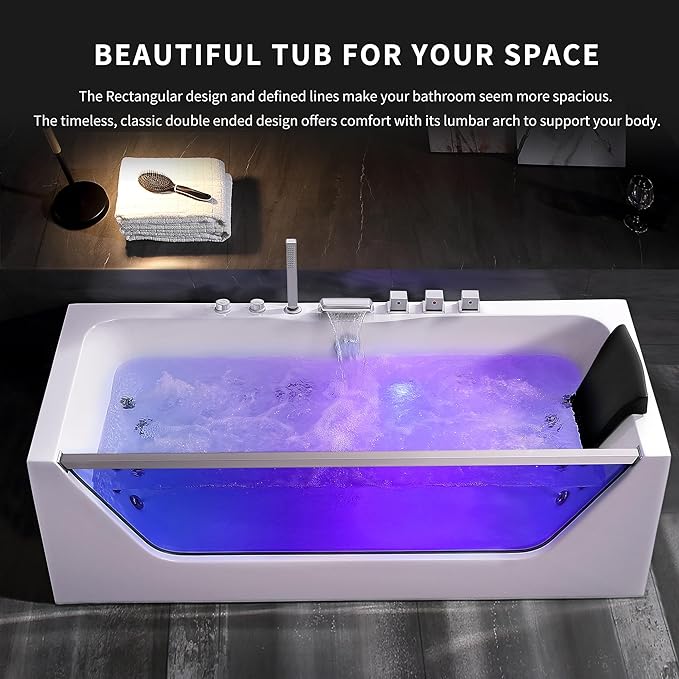 Empava 67” Whirlpool Bathtub with Chromatherapy, Hydrotherapy Jetted Bathtub with Glass Panel, 11 Jets,3-Side Apron,67 Gallons,ETL Certified, White