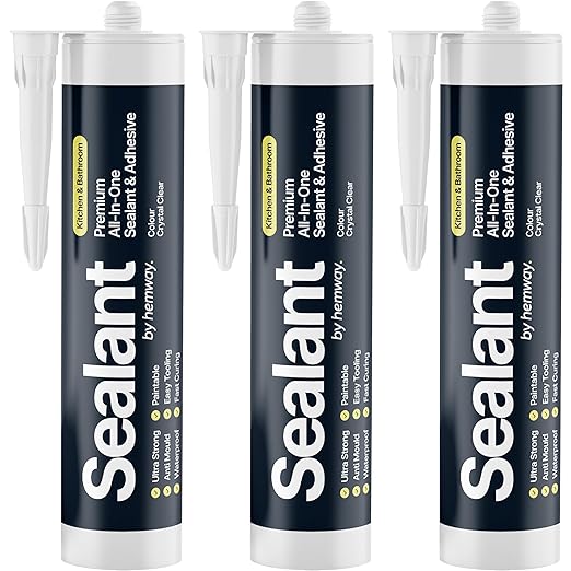 Crystal Clear Kitchen & Bathroom Sealant & Adhesive Hybrid Polymer | Superior to Silicone Caulk Sealant | Waterproof, Odorless, Paintable | Ideal for Around Bathtub, Shower, Kitchen - 300ml 3 Pack