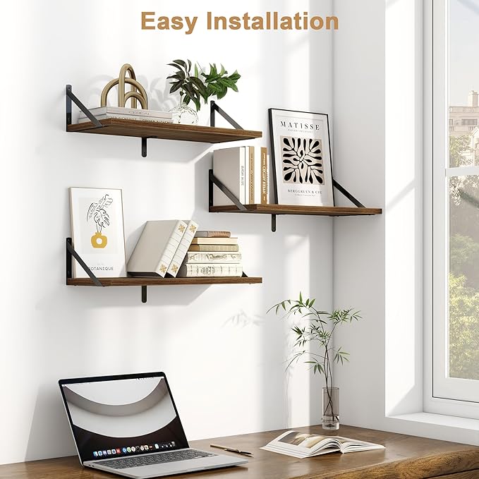 Fun Memories Floating Bookshelves, Set of 3 Wall-Mounted Wood Shelves 24" W x 8" D, Decorative Wall Shelf for Living Room, Bedroom, Bathroom, and Laundry Room (Walnut)