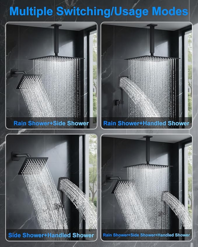 Shower System with Pressure Balance Valve, 12" Ceiling Mount Shower Faucet Set with 2 Rain Shower Head And Multi-function Handheld Head Push Button Diverter Pressure Balancing Valve Kit, Matte Black