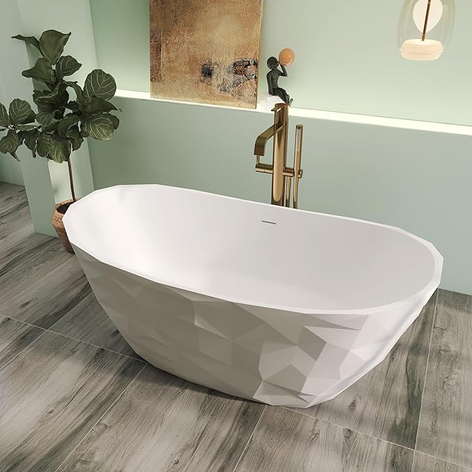 64" Premium Modern Solid Surface Free Standing Bathtubs, Unique Matte White Stone Resin Soaking Tub with Pop-up Drain