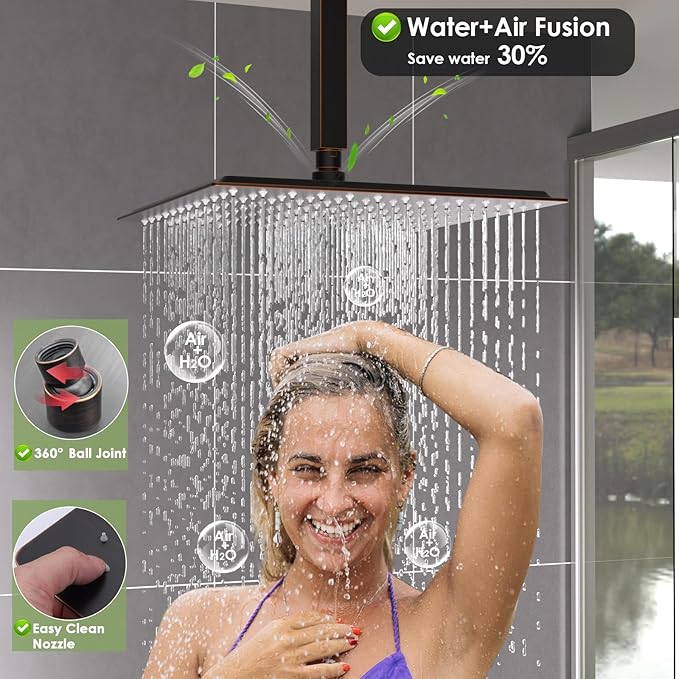 Enga Oil Rubbed Bronze Rain Shower System with Body Spray, 12inch Ceiling Rainfall Shower Faucet Complete Kit with 3-way Diverter Valve