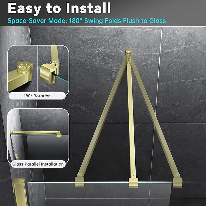 Frameless Shower Door Support Bar, Stainless Steel Wall-to-Glass Support Arm to Fixed Shower Glass Panel, for 1/4"-3/8" (6-10 mm) Door, 180° Pivot & Stow-Flat Mode (Brushed Gold, 23.6-inch(600mm))