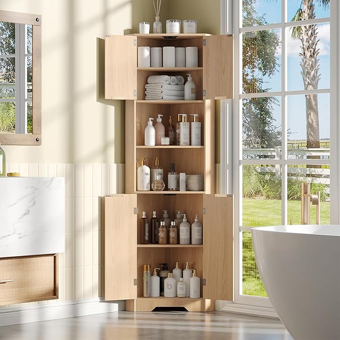 Fameill Tall Corner Cabinet with 2 Doors and 2 Open Storage Shelves, 68” Corner Storage Cabinet with Fluted Door Design, Home Space Saver for Living Room, Bathroom, Kitchen, Laundry, Natural Oak Color