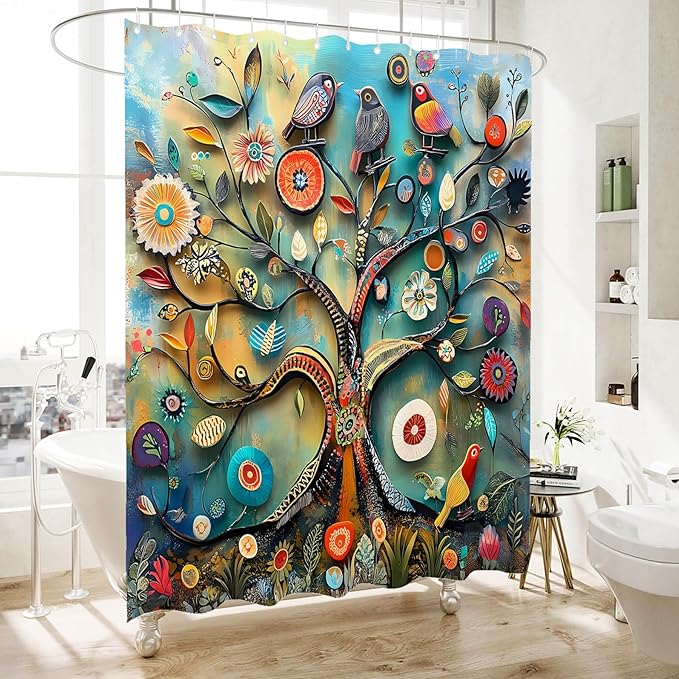 Bohemian Shower Curtain, Boho Floral Print Water Repellent Polyester Fabric for Bathroom Decor, 72×72 Inch Standard Size with 12 Hooks, Also as Room Divider