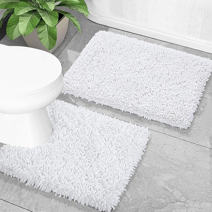 Yimobra Toilet Rugs U Shaped Washable, Extra Thick Soft Absorbent Chenille Contour Bathroom Rugs for Toilet 24x24 Inch, Quick Dry Non Slip Toilet Mat for Bath Floor, White