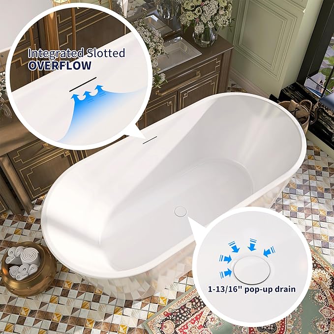 59" Acrylic Free Standing Tub, Stand Alone Tub, Freestanding Bathtub, Soaking Bathtub, cUPC Certified, SW(Glossy White)