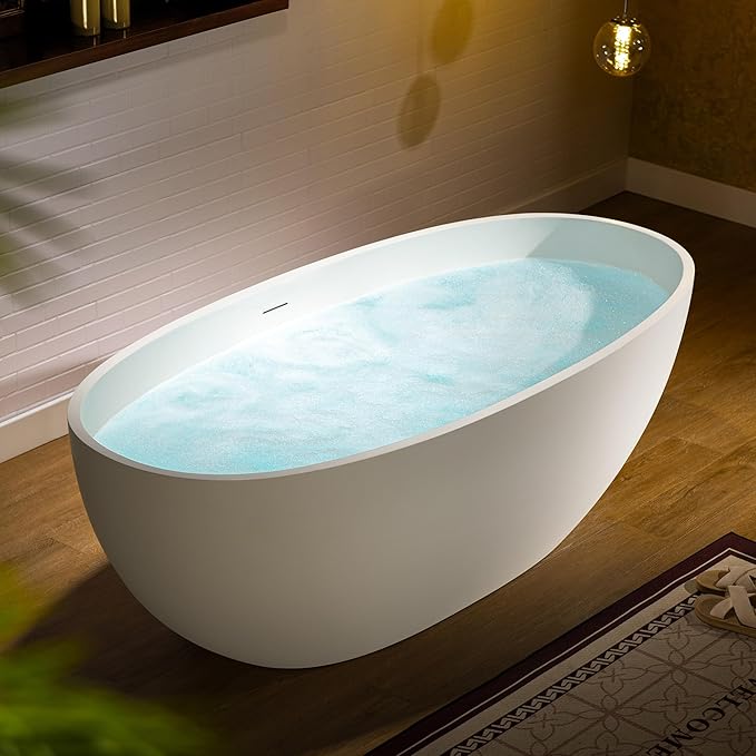 WOODBRIDGE 61 in. x 30.75 in. Stone Resin Luxury Contemporary Solid Surface Freestanding Bathtub in Matte White