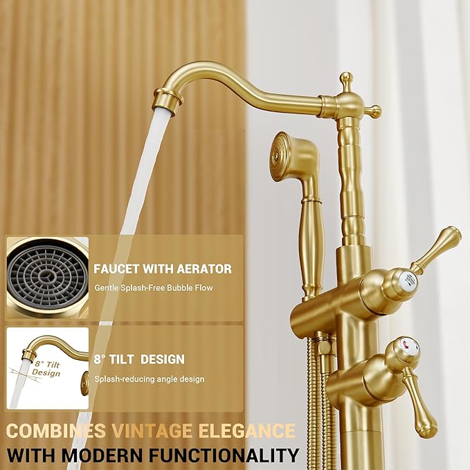 Freestanding Tub Faucet Sets, JetsBath Floor Mount BathTub Filler with 360° Swivel Spout & Handheld Sprayer, Brushed Gold Floor Mount Bathtub Faucet Single Handle with Supply Hose