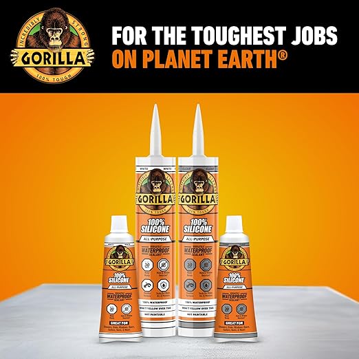 Gorilla Waterproof Caulk & Seal Silicone Sealant, 10oz Cartridge (Pack of 1) - White Caulking Sealant for Kitchen, Window, Bath, Marine, Door and More