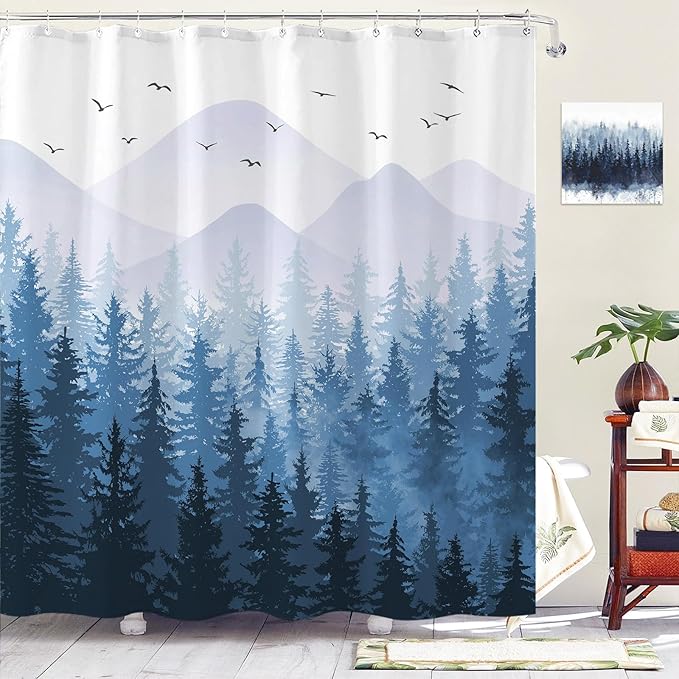 Aipon Blue Misty Forest Shower Curtain Ombre Nature Tree Plants Shower Curtains Fabric Waterproof Mountain Shower Curtain Sets for Bathroom Bath Decor with 12 Hooks (Blue, 72'' × 72'')