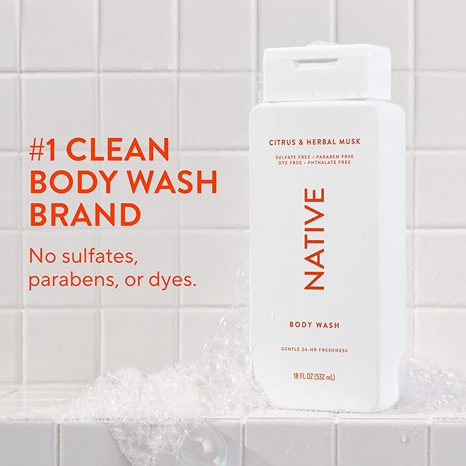 Native Body Wash Contains Naturally Derived Ingredients | For Women & Men, Sulfate, Paraben, & Dye Free Leaving Skin Soft and Hydrated | Citrus & Herbal Musk 18 oz