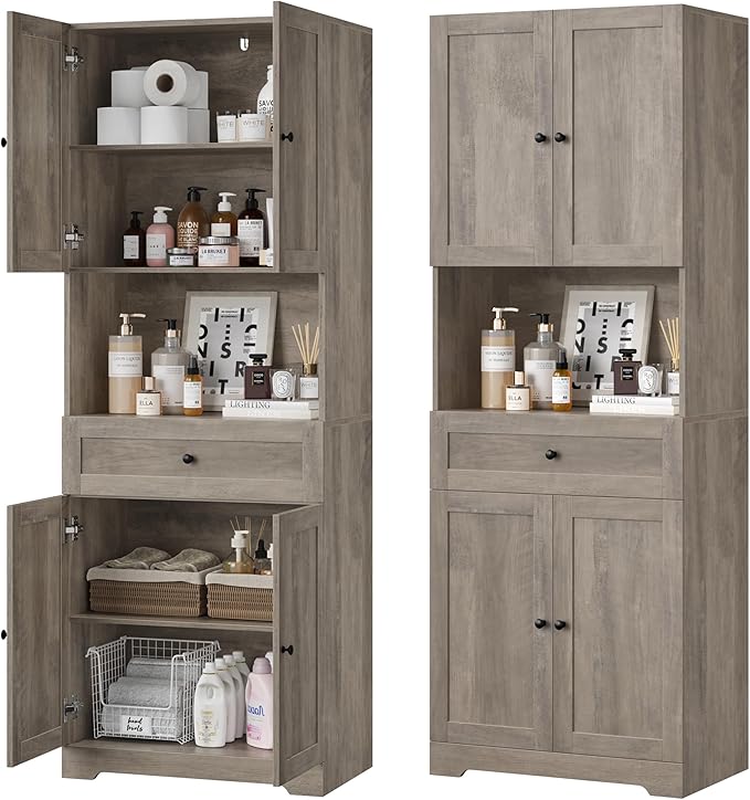 Tall Bathroom Storage Cabinets with Drawer, Farmhouse Linen Cabinet with Doors & Shelves, 67” Tall Storage Cabinet Freestanding for Bathroom, Dining Room, Kitchen, Pantry, Laundry, Narrow Corner,Brown