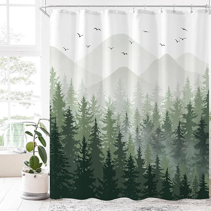 Aipon Green Misty Forest Shower Curtain Ombre Nature Tree Plants Shower Curtains Fabric Waterproof Mountain Shower Curtain Sets for Bathroom Bath Decor with 12 Hooks (Green, 72'' × 84'')
