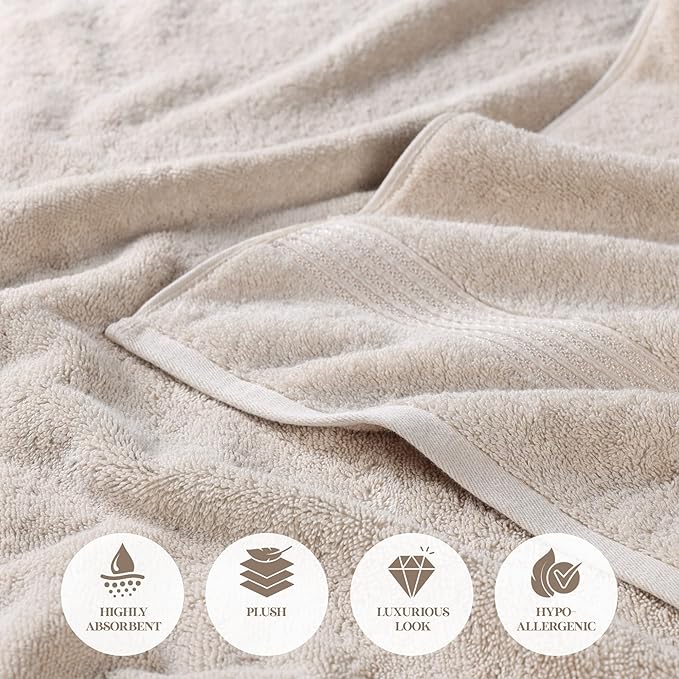Superior Egyptian Cotton Bath Towel Set, Home Bathroom Towels, Master, Guest Bath, Decor Essentials, Quick Dry, Absorbent, Large Body Towels, Spa, Hotel, Resort, Adult, Kids, Set of 2, Stone