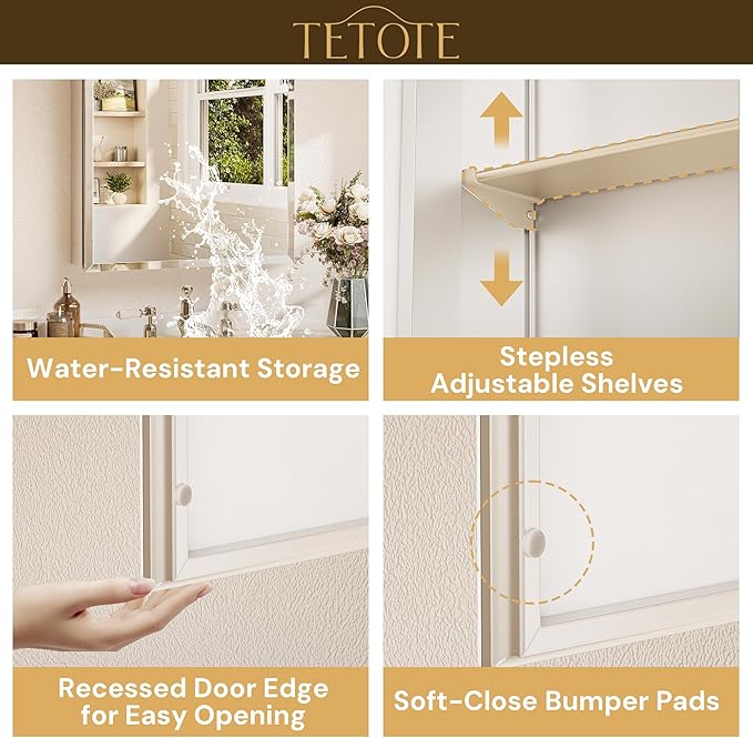 TETOTE 20 x 32 Medicine Cabinet Mirror with Tempered Beveled Mirror Silver Medicine Cabinet Aluminum Cabinet DTC Hinges, Stepless Adjustable Shelves, Recessed/Surface-Mounted