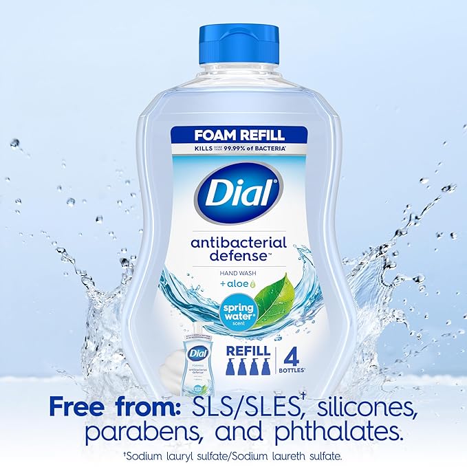Dial Antibacterial Defense Foaming Hand Soap + Aloe, Spring Water Scent, 30 Fl Oz Hand Soap Refill (4 Pack), Dermatologist-Tested, Gentle on Skin