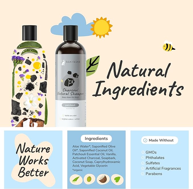 kin+kind Dog Shampoo with Activated Charcoal - Deep Clean Deodorizing Dog Shampoo for Dirt, Odor & Itch Relief - Gentle Grooming Pet Supplies with Aloe, Olive Oil & Coconut Oil - Patchouli 12 fl oz