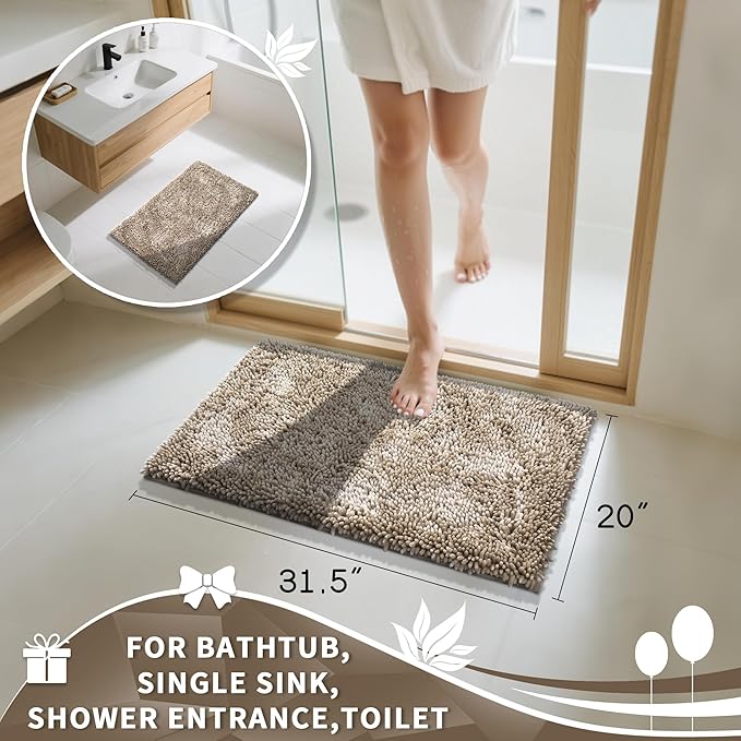 Yimobra Chenille Bathroom Rugs Non Slip, Extra Thick Soft Absorbent Bath Rug 31.5x20 Inch, Machine Washable Quick Dry Bath Mat for Bathroom Floor, Tub and Shower, Home Decor Accessories, Camel
