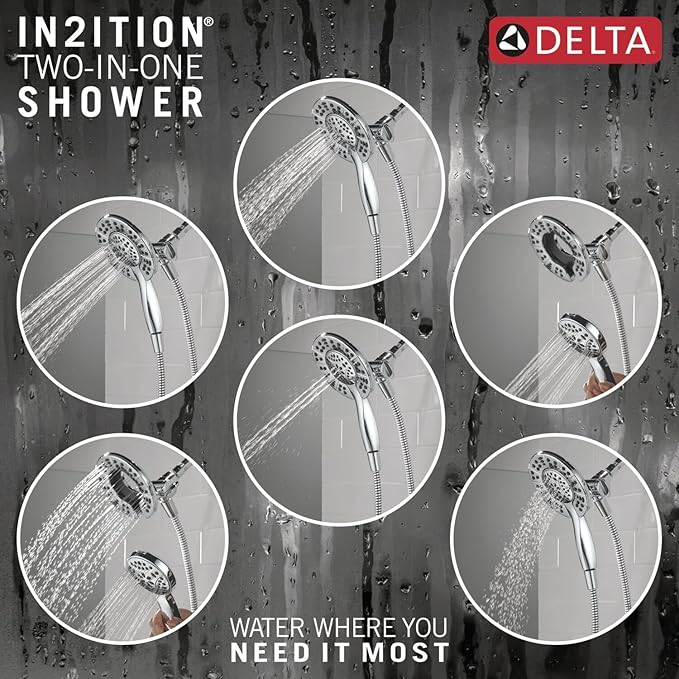 Delta Faucet Albion 14 Series Single-Handle Tub and Shower Faucet Set, Chrome Shower Trim Kit with 4-Setting In2ition 2-in-1 Dual Hand Held Shower Head, Chrome T144855-I (Valve Not Included)