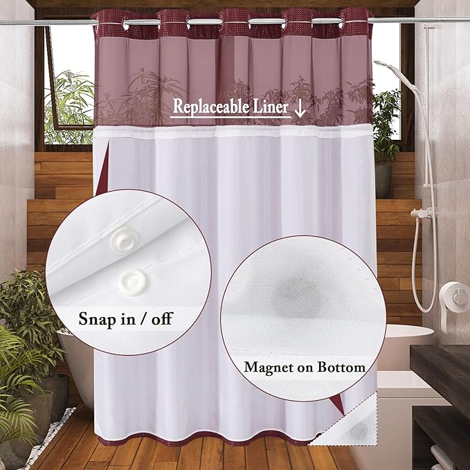Gibelle Extra Long Shower Curtain 72x86, Waffle Weave Bathroom Shower Curtain with Snap-in Fabric Liner Set, No Hooks Needed, Hotel Style with Mesh Top Window, Burgundy