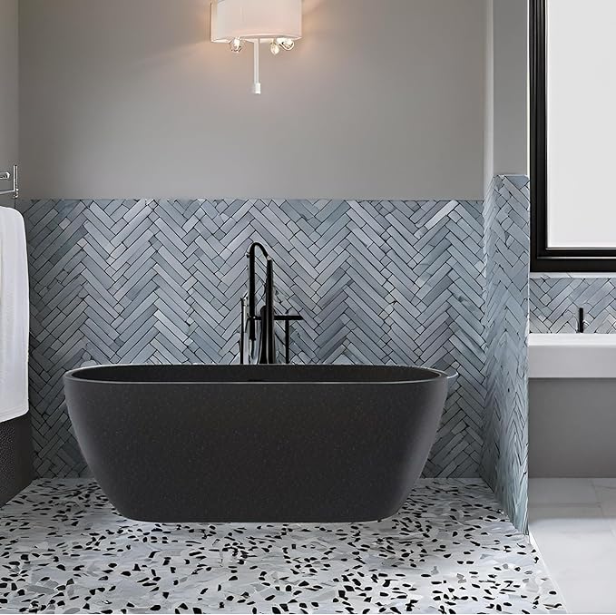 Stone Resin Freestanding Bathtub 63", Terrazzo Bathtub Soaking Tub, Solid Surface Stand Alone Bathtub with Drain & Integrated Slotted Overflow Matte Black AMFS-MY007-BK