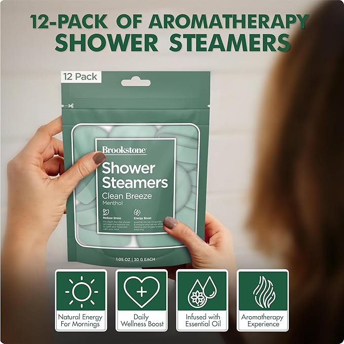 Brookstone Shower Steamers Aromatherapy 12 Tablets - Christmas Stocking Stuffers for Men, Birthday Gifts for Women, Green Elephant, Relaxation, Self Care - Shower Steamers Clean Breeze