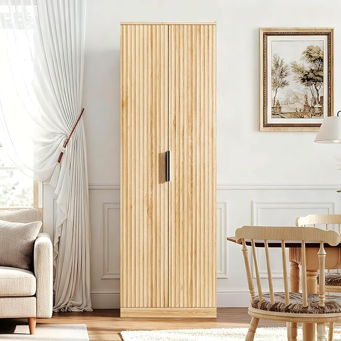 VINGLI 70" Modern Pantry Cabinet with Fluted Doors, 5 Adjustable Shelves, Tall Storage Solution for Kitchen, Dining Room, or Living Room, Oak