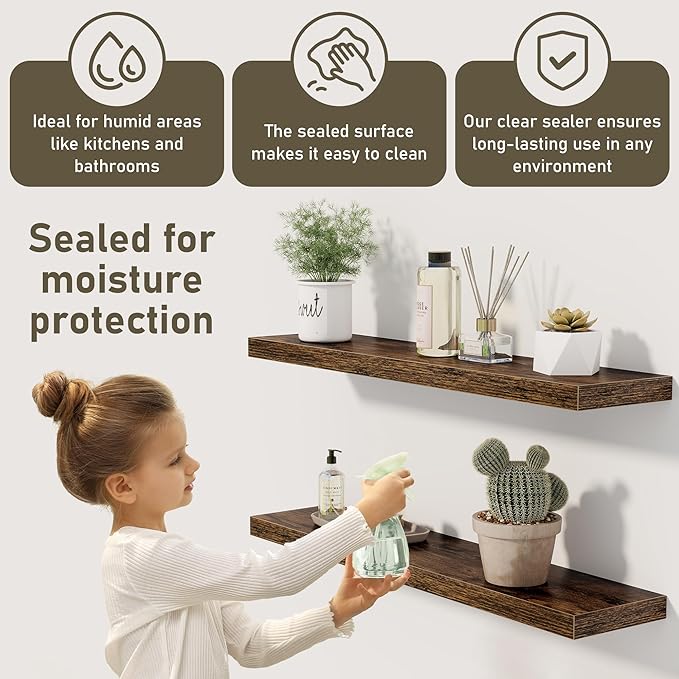 Fun Memories Floating Shelves Wall Shelf 24 inches Long, Farmhouse Bathroom Shelves Bedroom Kitchen Living Room Shelf Wall Mounted, 24 x 6.7 x 1.4 inch Set of 3, Rustic Brown