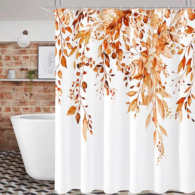Gibelle Extra Long Shower Curtain 72 x 84, Orange Floral Shower Curtain for Bathroom, Fall Watercolor Plant Eucalyptus Leaves Fabric Shower Curtain Set