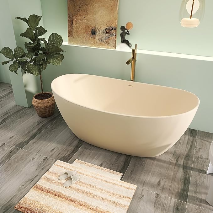 65" Premium Solid Surface Freestanding Bathtub, Modern Cream Design Stone Resin Bath Tub with Overflow and Pop-up Drain, Matte