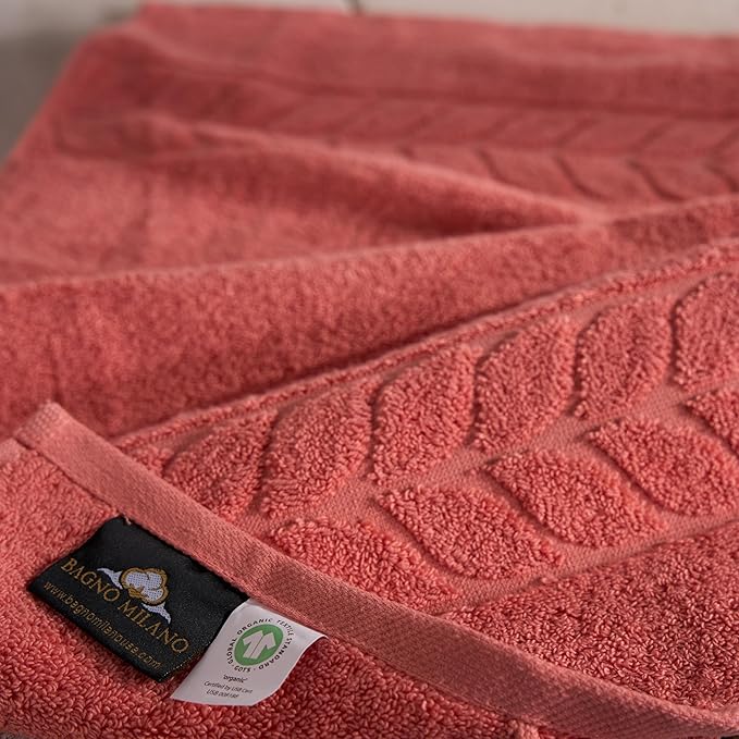 BAGNO MILANO Organic Turkish Cotton Bath Towels, Luxury Jacquard Collection, Certified Organic Highly Absorbent, Soft-Plush Towel Set (Coral Red, 4 Pcs Hand Towel Set)