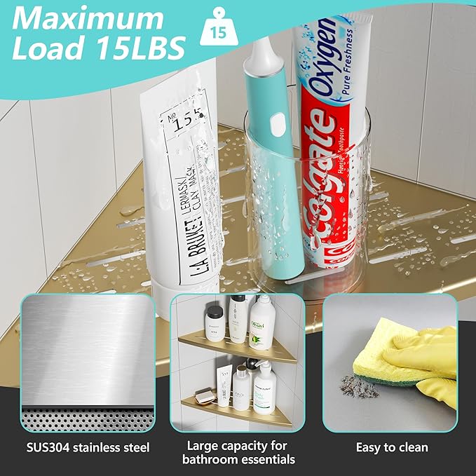 Corner Shower Shelf Brushed Golden, 304 Stainless Steel 11.5” Recessed Corner Shelf Bathroom for Tiled Wall, Floating Shower Shelves Shampoo Holder, No Drilling, 2 Pack