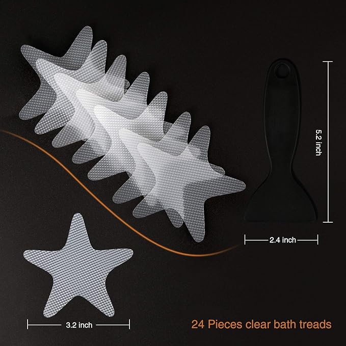 Anti Slip Shower Stickers 24 PCS Safety Bathtub Strips Adhesive Decals with Premium Scraper(Clear Star)