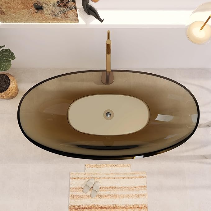 71" Premium Solid Surface Freestanding Bathtub, Upgraded Transparent Dark Brown Oval Resin Soaking Tubs with Pop-up Drain