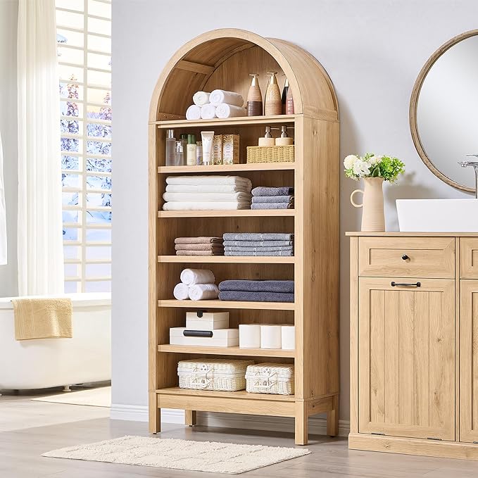 71" Tall Arched Bathroom Storage Cabinet, 7-Tier Modern Farmhouse Storage Cabinet with Adjustable Shelves, Wood Freestanding Cabinet for Bathroom, Living Room, Entryway, Hallway (Natural)