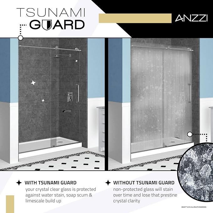 ANZZI 70" x 24" Frameless Shower Door in Brushed Nickel,Water Repellent Glass Shower Door with Seal Strip Parts and Handle, 5/16 Glass Hinged Shower Door with Handle (SD-AZ09-01BN)