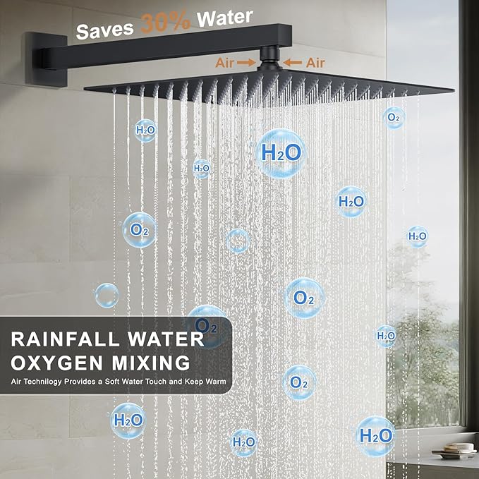 Rain Shower System Matte Black Shower Faucet Set, Dual Rainfall Shower Head Set with 2 in 1 Handheld Spray, Wall Mounted Bathroom 12-inch & 6-inch Square Showerheads with Valve, Matte Black