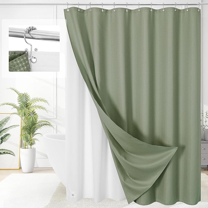 3 in 1 Shower Curtain Set, Sage Green Waffle Shower Curtain and PEVA Liner Set with 12 Stainless Steel Shower Curtain Hooks, Waterproof Fabric Shower Curtains for Bathroom, 72 W x 72 H