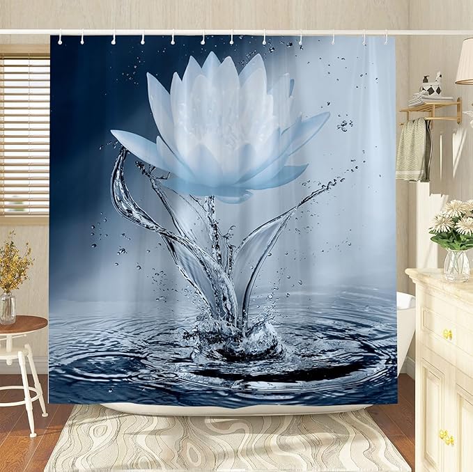 Lotus Shower Curtain Blue Flower Elegant Blooming Floral with Dew Spring Flower Reflection on Water Modern Romantic Polyester Fabric Bathroom Decor 70×90 Inch with Hook